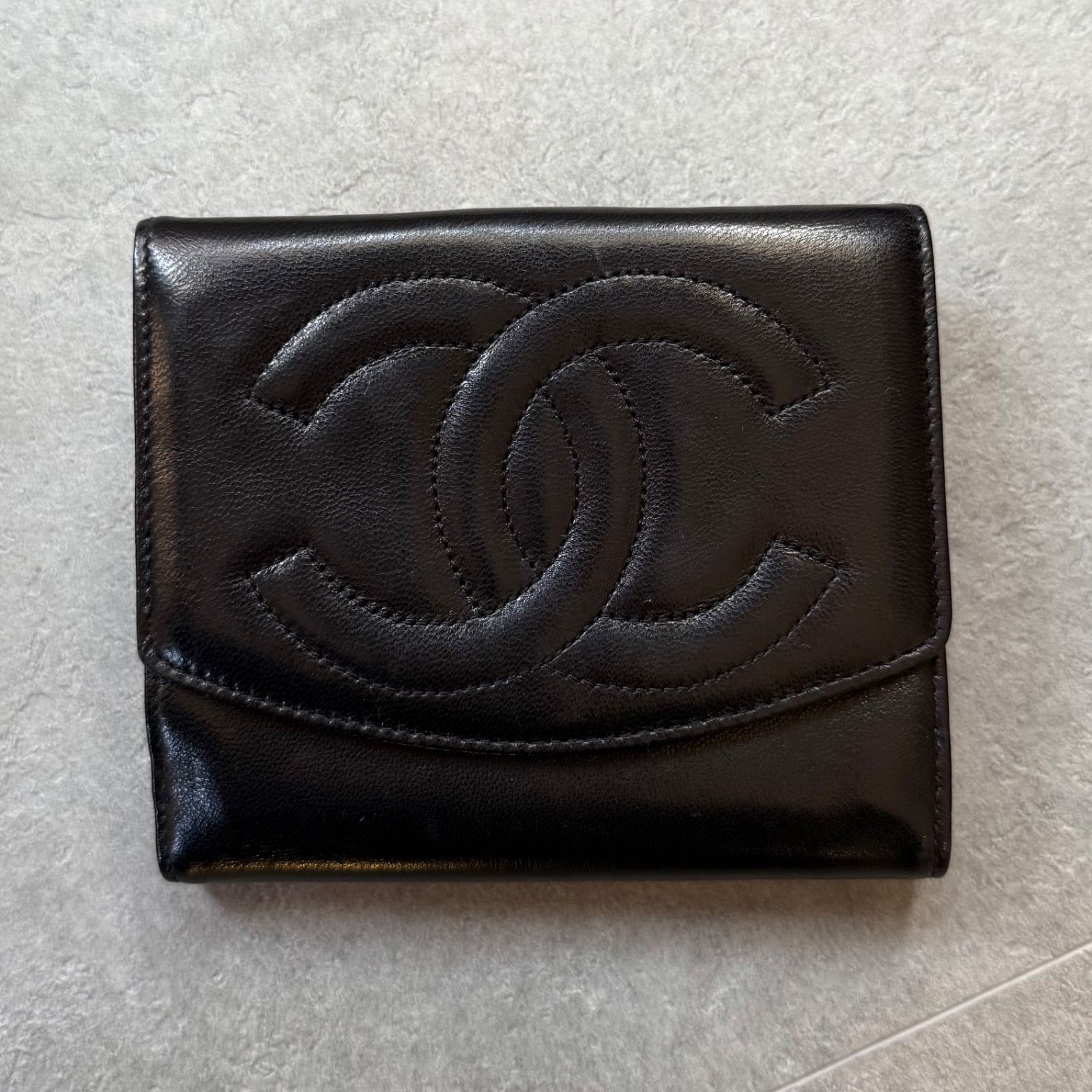 極美品 CHANEL シャネル ココマーク Wホック 二つ折り財布 ラムレザー 