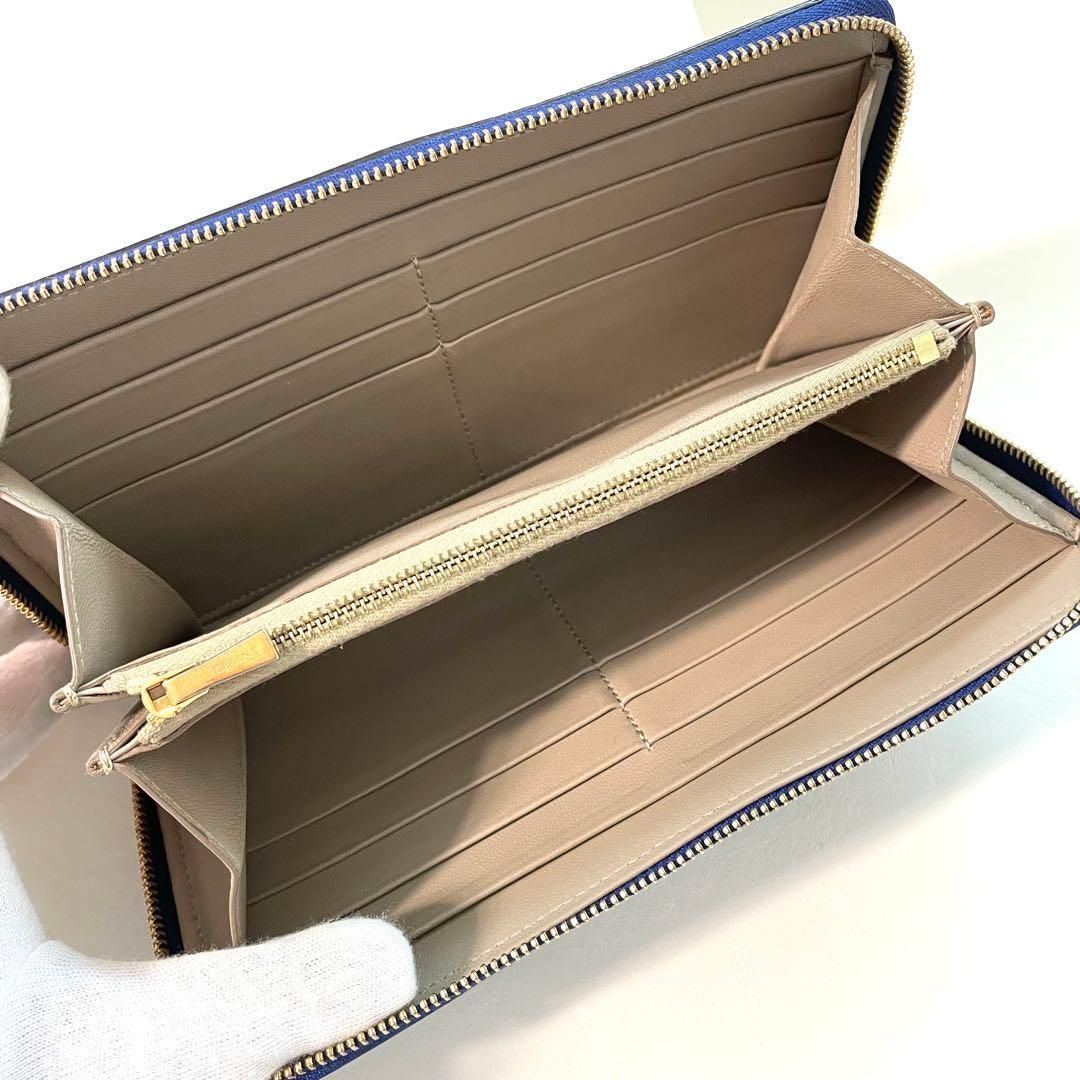 極美品 セリーヌ 長財布 ラウンドファスナー ネイビー レザー シボ革