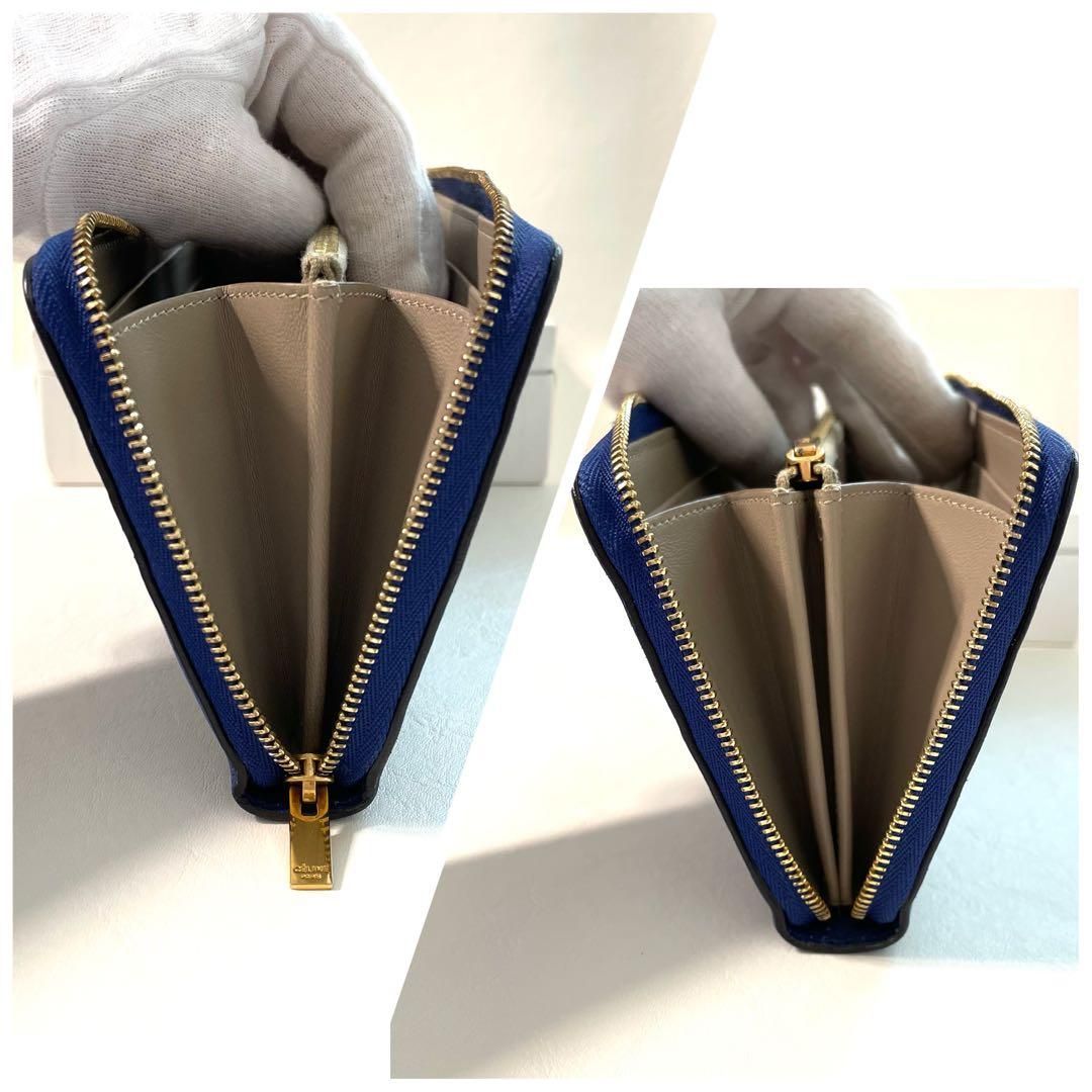 極美品 セリーヌ 長財布 ラウンドファスナー ネイビー レザー シボ革