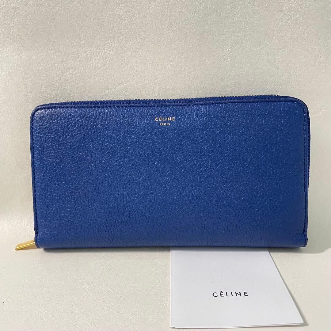 極美品 セリーヌ 長財布 ラウンドファスナー ネイビー レザー シボ革