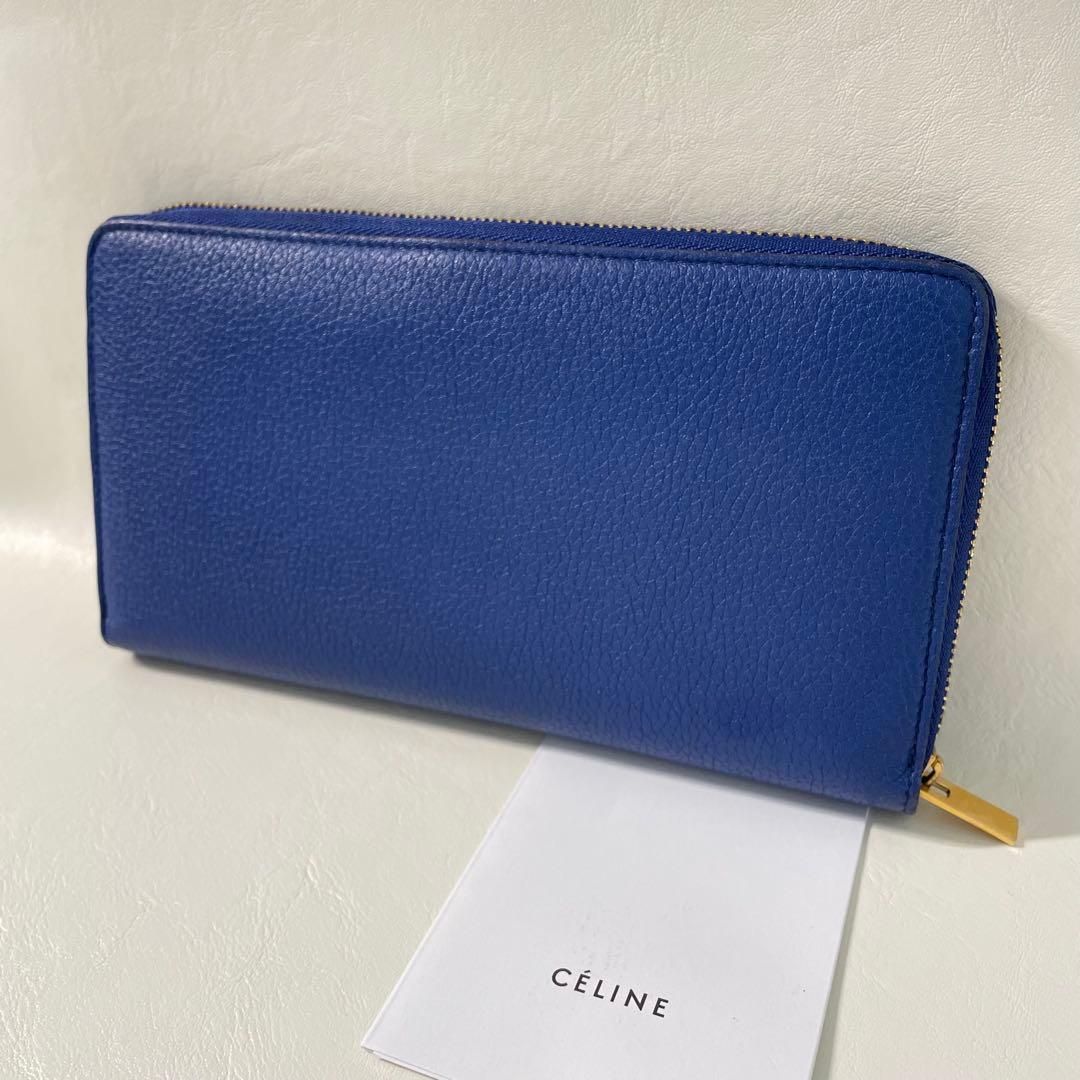 極美品 セリーヌ 長財布 ラウンドファスナー ネイビー レザー シボ革