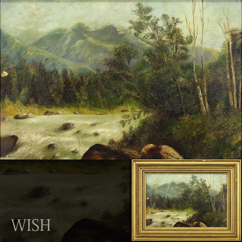 WISH】 ボードに油彩 8号大 雄大な山岳と緑深き渓流 シール有