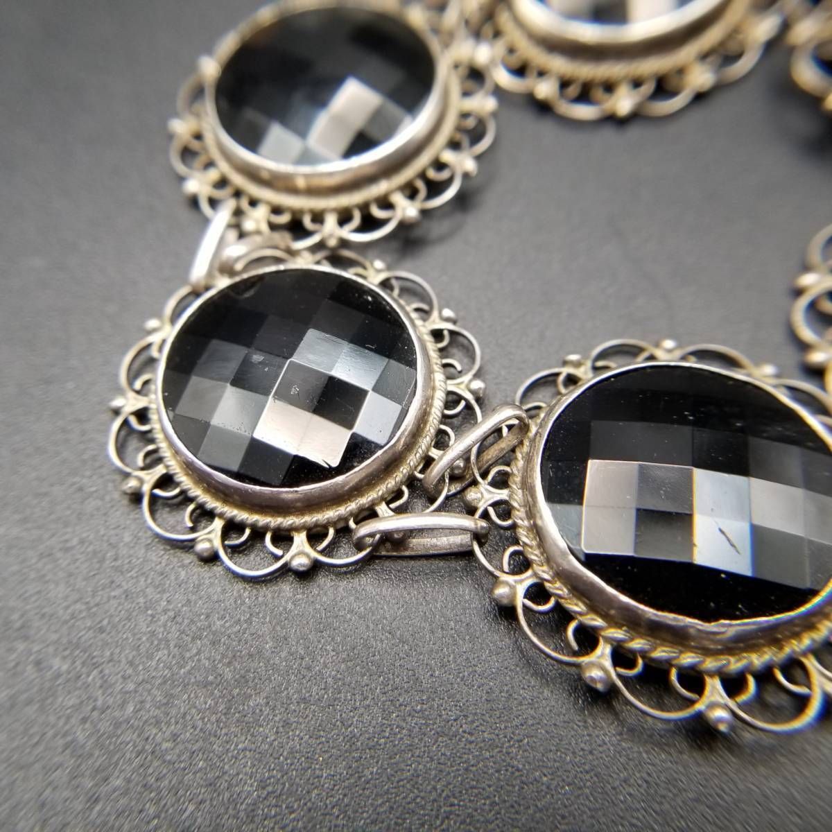 メキシコ 925 シルバー オニキス ダイヤモンドカット レースリム