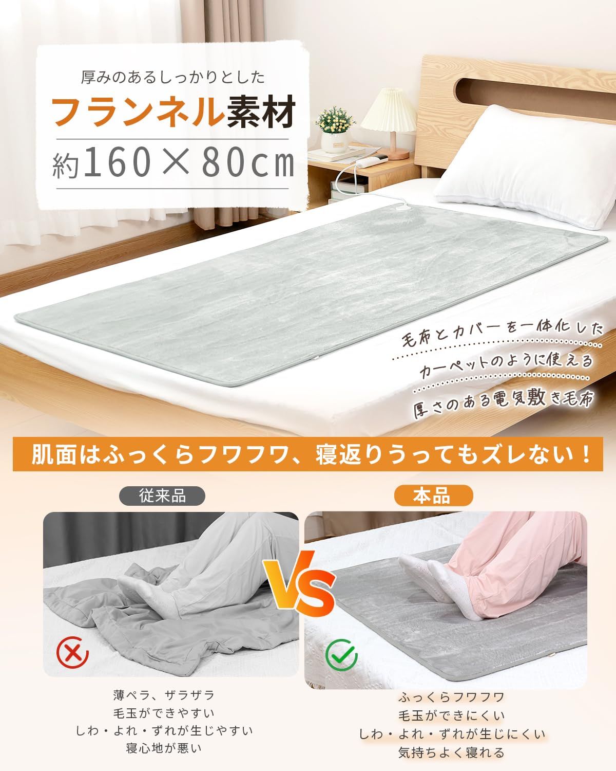 電気毛布 敷き ホットカーペット 160x80cmズレ防止 自動恒温運転で賢く