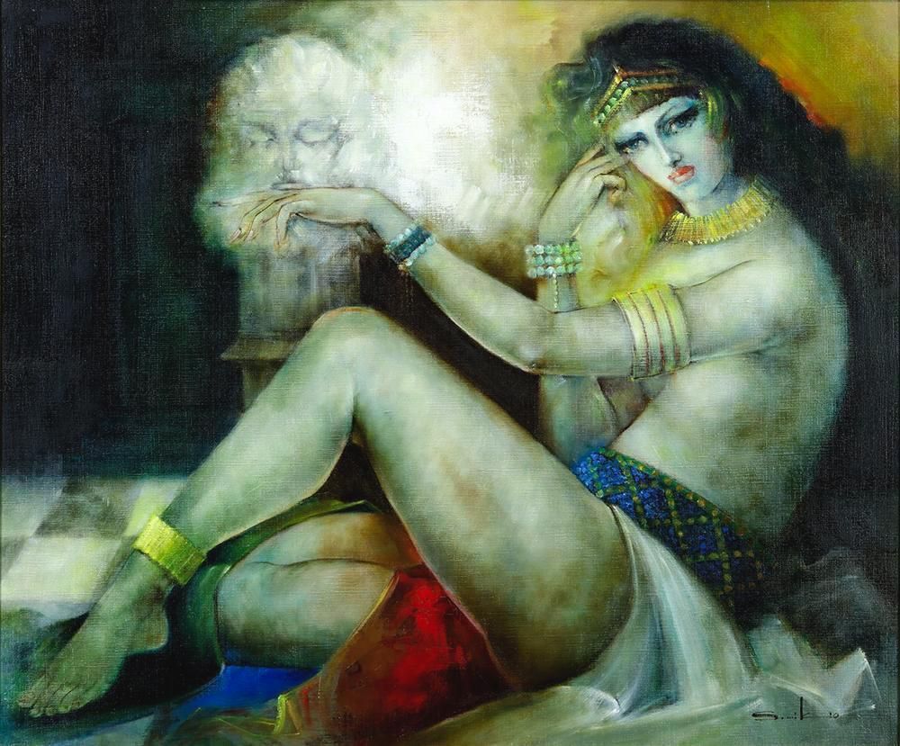 真作】【WISH】堺幹夫「賜 SALOME」油彩 20号 大作 ◇妖艶に微笑む美の