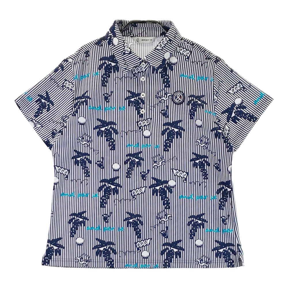 サイズ LL AND PER SE アンパスィ モデル 半袖ポロシャツ ストライプ 総柄 ネイビー系 ゴルフウェア レディース ストスト