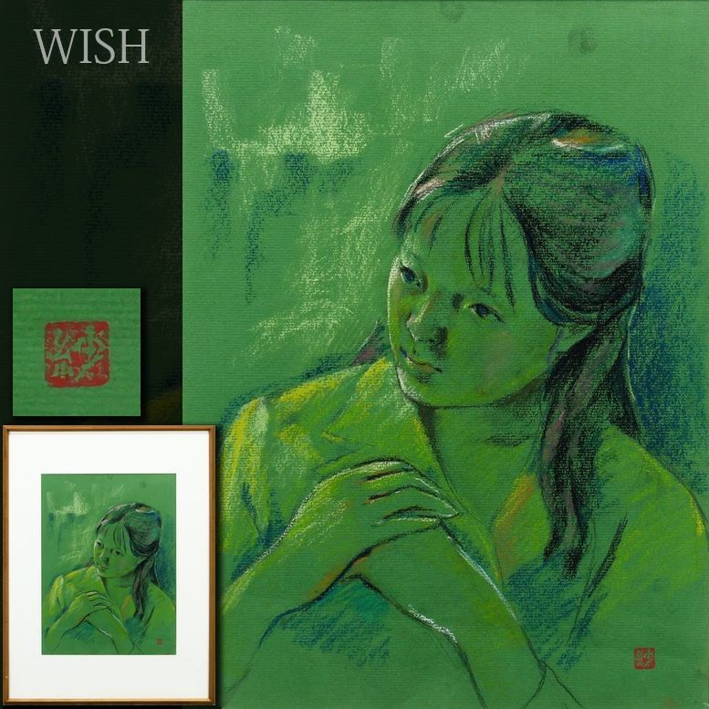 パステル画「少女S」 WISH】サイン有：紗 パステル 約6号 緑の世界に漂う、静かな祈りの少女