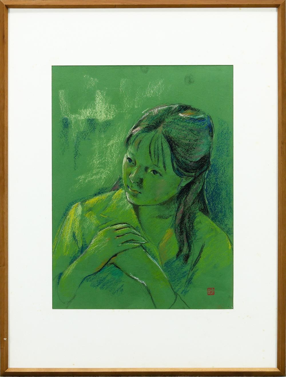 WISH】サイン有：紗 パステル 約6号 緑の世界に漂う、静かな祈りの少女