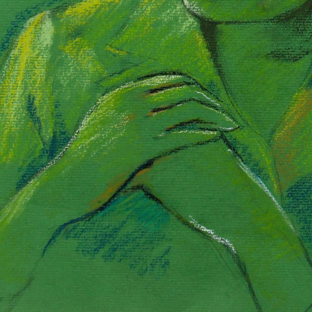 WISH】サイン有：紗 パステル 約6号 緑の世界に漂う、静かな祈りの少女