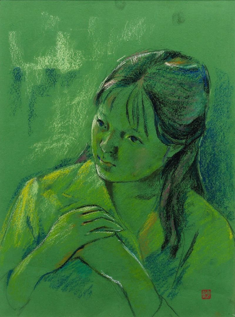 WISH】サイン有：紗 パステル 約6号 緑の世界に漂う、静かな祈りの少女