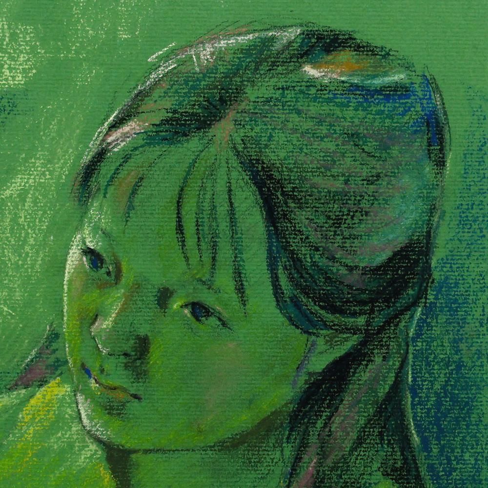 WISH】サイン有：紗 パステル 約6号 緑の世界に漂う、静かな祈りの少女