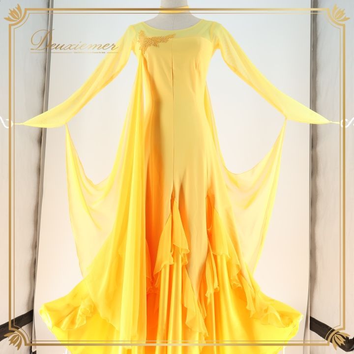 社交ダンス 衣装 ドレス ワンピース 黄色 無地 レース イエロー系 長袖 パーティ 発表会 きれい ふんわり揺れるスカート おしゃれ デザイン Mサイズ イベント用 ダンス衣装 フォーマル ダンスパーティ 華やか