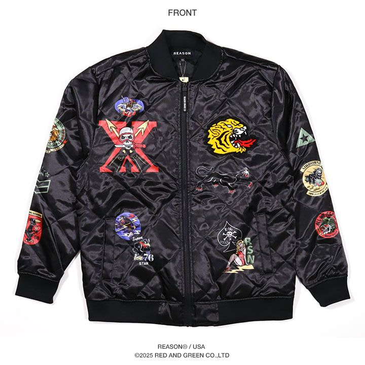 REASON アウター 長袖 ボンバージャケット ブルゾン メンズ 春秋冬用 黒 大きいサイズ リーズン MA1 スタジャン 防寒着 総柄 ワッペン 刺繍 艶々の光沢 スカジャン 部隊マーク キャラクター b系 ヒップホップ ファッション ハイ 服 F561