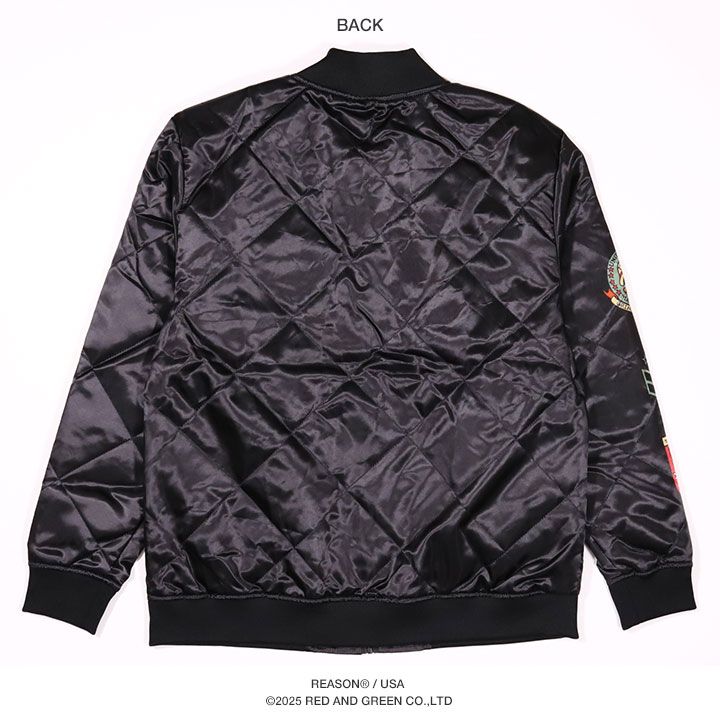 REASON アウター 長袖 ボンバージャケット ブルゾン メンズ 春秋冬用 黒 大きいサイズ リーズン MA1 スタジャン 防寒着 総柄 ワッペン 刺繍 艶々の光沢 スカジャン 部隊マーク キャラクター b系 ヒップホップ ファッション ハイ 服 F561