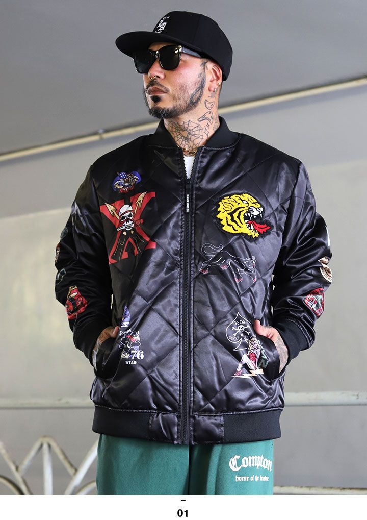 REASON アウター 長袖 ボンバージャケット ブルゾン メンズ 春秋冬用 黒 大きいサイズ リーズン MA1 スタジャン 防寒着 総柄 ワッペン 刺繍 艶々の光沢 スカジャン 部隊マーク キャラクター b系 ヒップホップ ファッション ハイ 服 F561