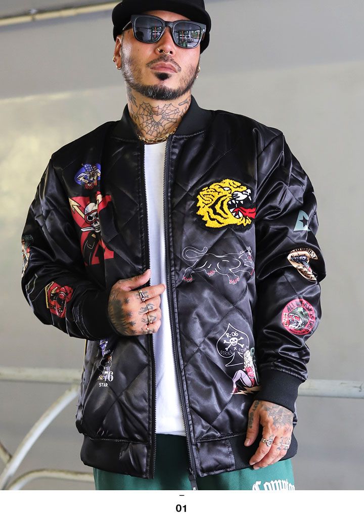 REASON アウター 長袖 ボンバージャケット ブルゾン メンズ 春秋冬用 黒 大きいサイズ リーズン MA1 スタジャン 防寒着 総柄 ワッペン 刺繍 艶々の光沢 スカジャン 部隊マーク キャラクター b系 ヒップホップ ファッション ハイ 服 F561