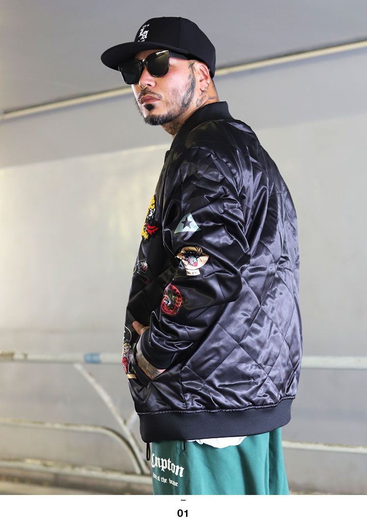 REASON アウター 長袖 ボンバージャケット ブルゾン メンズ 春秋冬用 黒 大きいサイズ リーズン MA1 スタジャン 防寒着 総柄 ワッペン 刺繍 艶々の光沢 スカジャン 部隊マーク キャラクター b系 ヒップホップ ファッション ハイ 服 F561