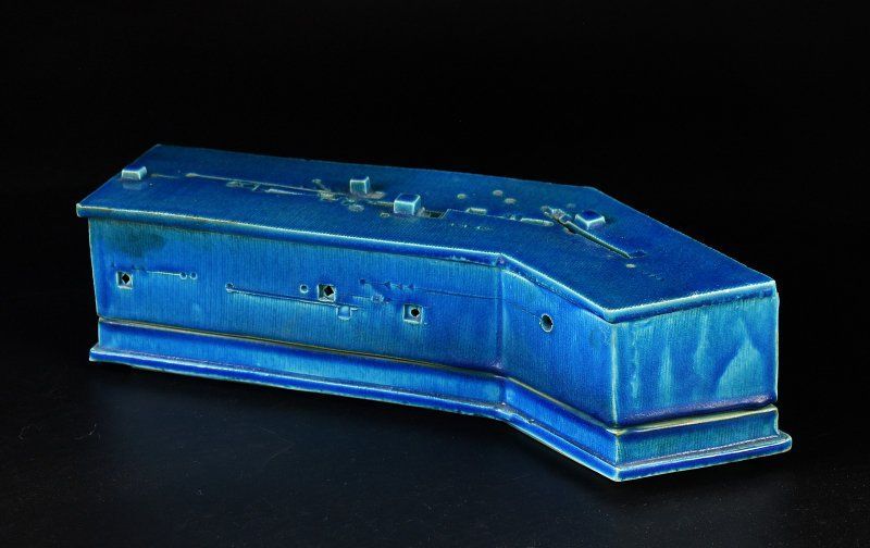 【蔵A5003I】現代陶芸 中田明守 青釉 オブジェ 置物 蓋物 九谷焼伝統工芸士