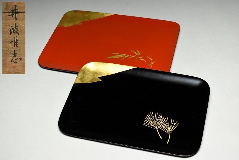 蔵A5051a】輪島 井波唯志 黒塗朱塗蒔絵 千代寿盆 二客 共箱 - メルカリ