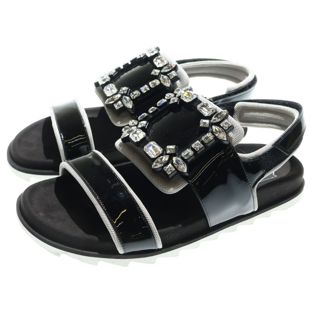 Roger Vivier ロジェヴィヴィエ ビジュー装飾 スクエアバックル パテントレザー ストラップ フラットサンダル ブラック レディース