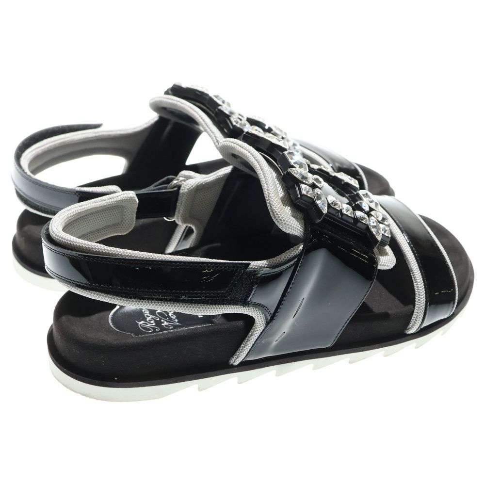  Roger Vivier ロジェヴィヴィエ ビジュー装飾 スクエアバックル パテントレザー ストラップ フラットサンダル ブラック レディース サンダル ミュール 靴