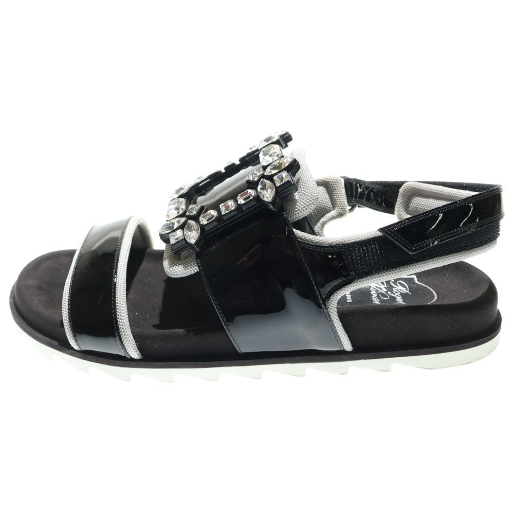 Roger Vivier ロジェヴィヴィエ ビジュー装飾 スクエアバックル パテントレザー ストラップ フラットサンダル ブラック レディース