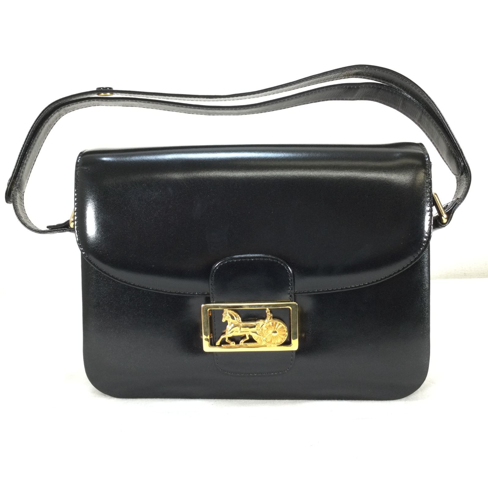 1411 CELINE セリーヌ 馬車金具 ショルダー バッグ レザー ブラック 