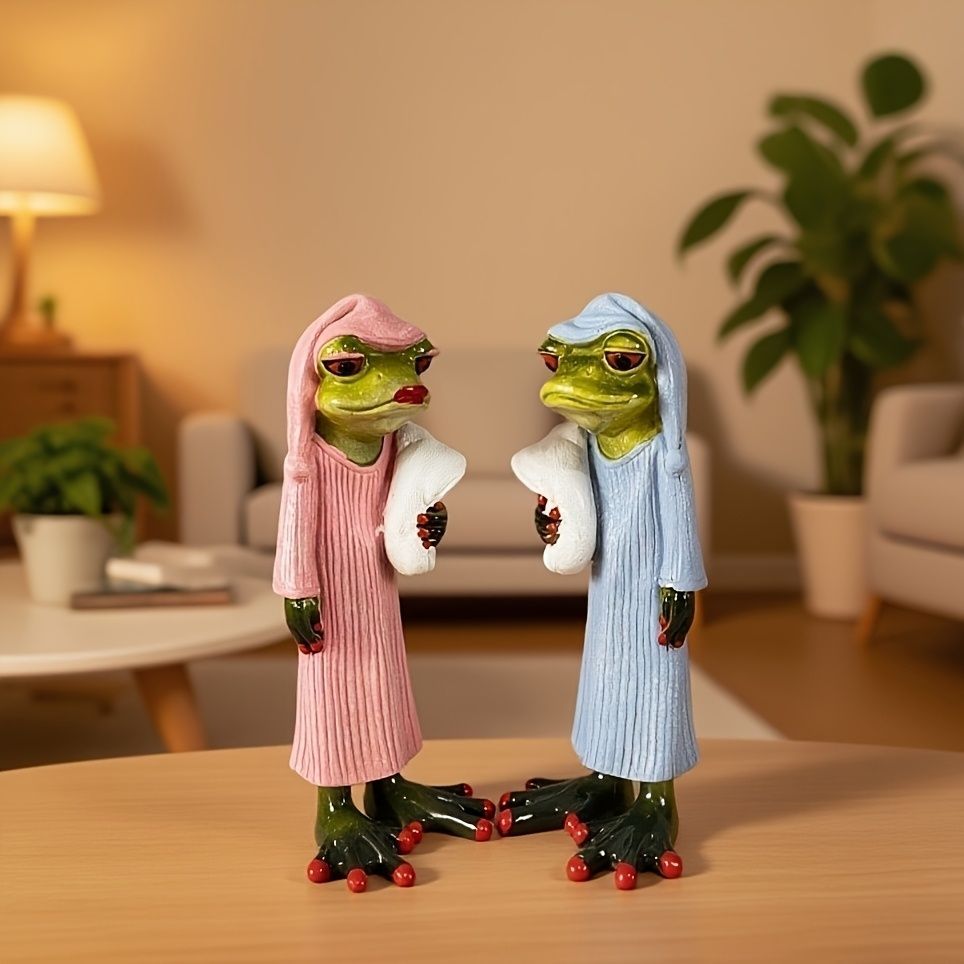 オブジェ 置物 パジャマを着たカエル かえる カップル 2個セット インテリア リビング ダイニング 玄関 寝室 装飾 オーナメント 樹脂 プレゼント ギフト オシャレ 棚装飾 個性的