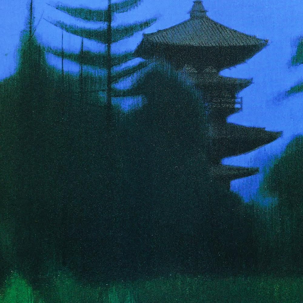 WISH】平山郁夫「薬師寺の夜」工芸画 約10号 証明シール 〇文化勲章