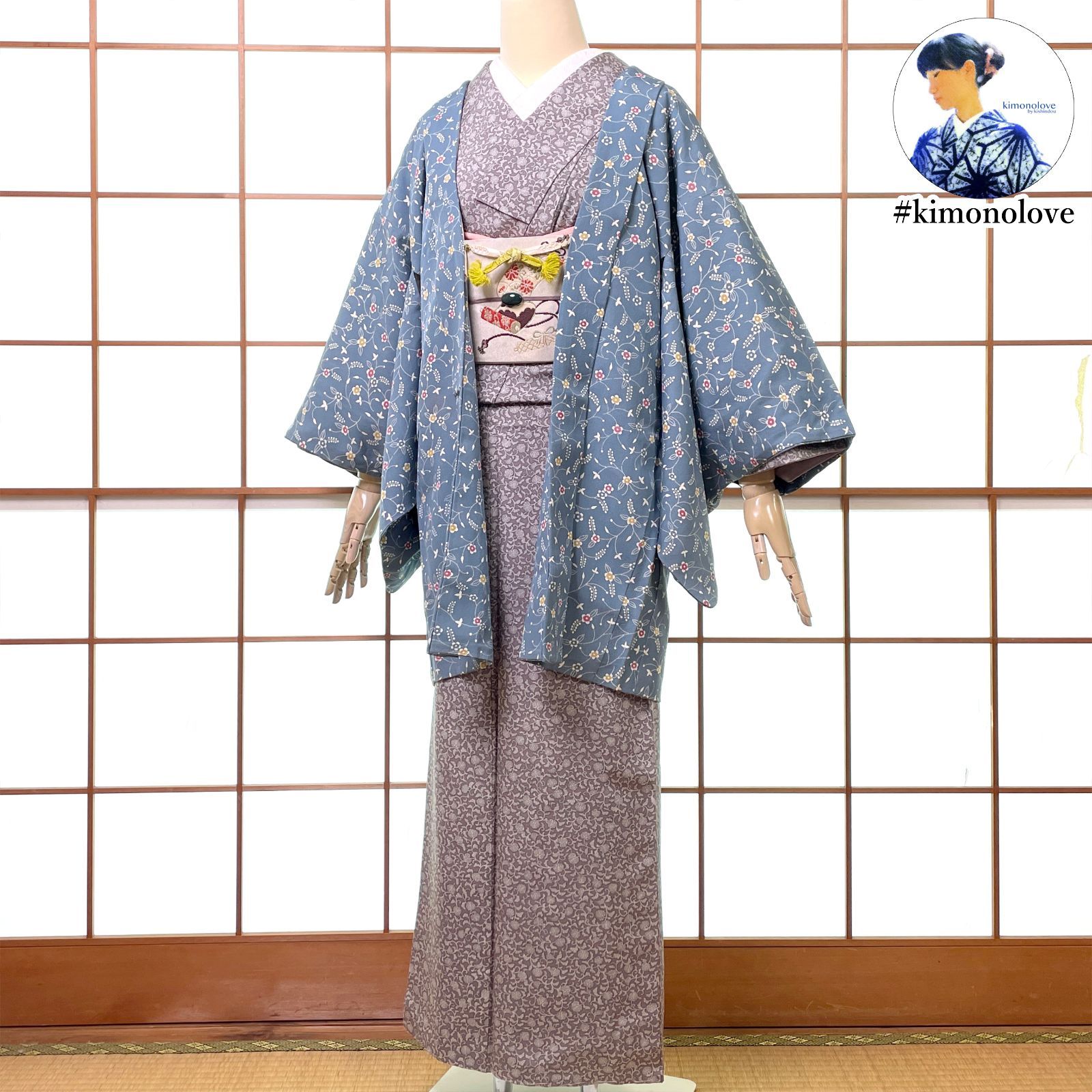 羽織 正絹 丹後ちりめん 花柄 ブルーグレー 羽織紐付き 着物