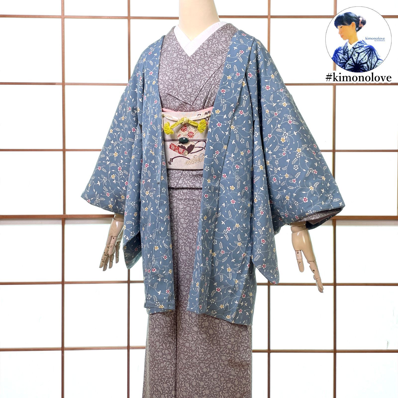 未使用品■丹後ちりめん ライトブルー地花柄小紋　正絹　反物 102 羽織 正絹 丹後ちりめん 花柄 ブルーグレー 羽織紐付き 着物