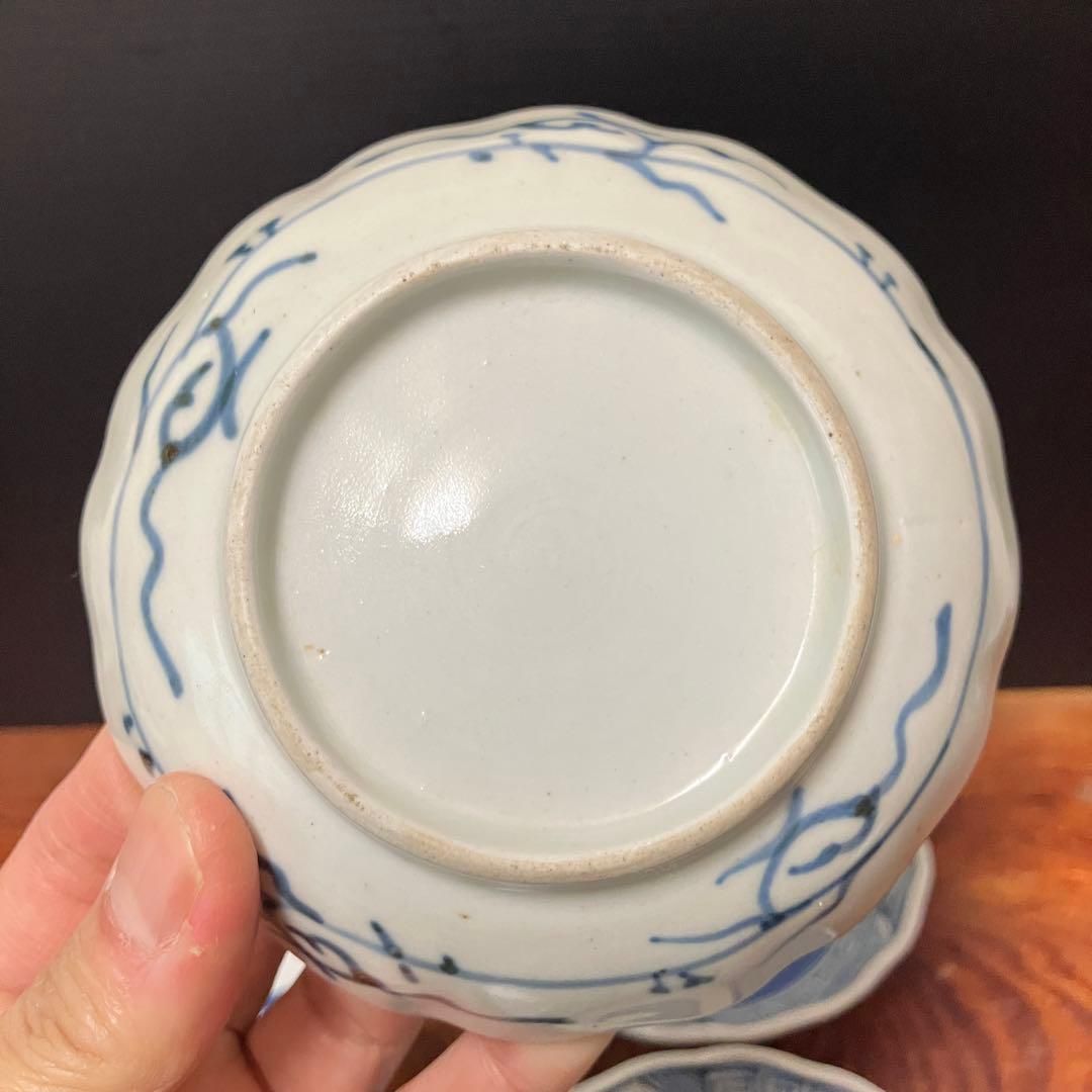 染付幾何学小皿 4客 江戸後期〜明治ごろかと 手描 陶芸 骨董 レトロ