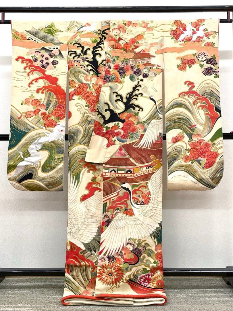 アンティーク 振袖 金駒 金彩 銀彩 鶴 正絹 紋付 身丈169cm AT019