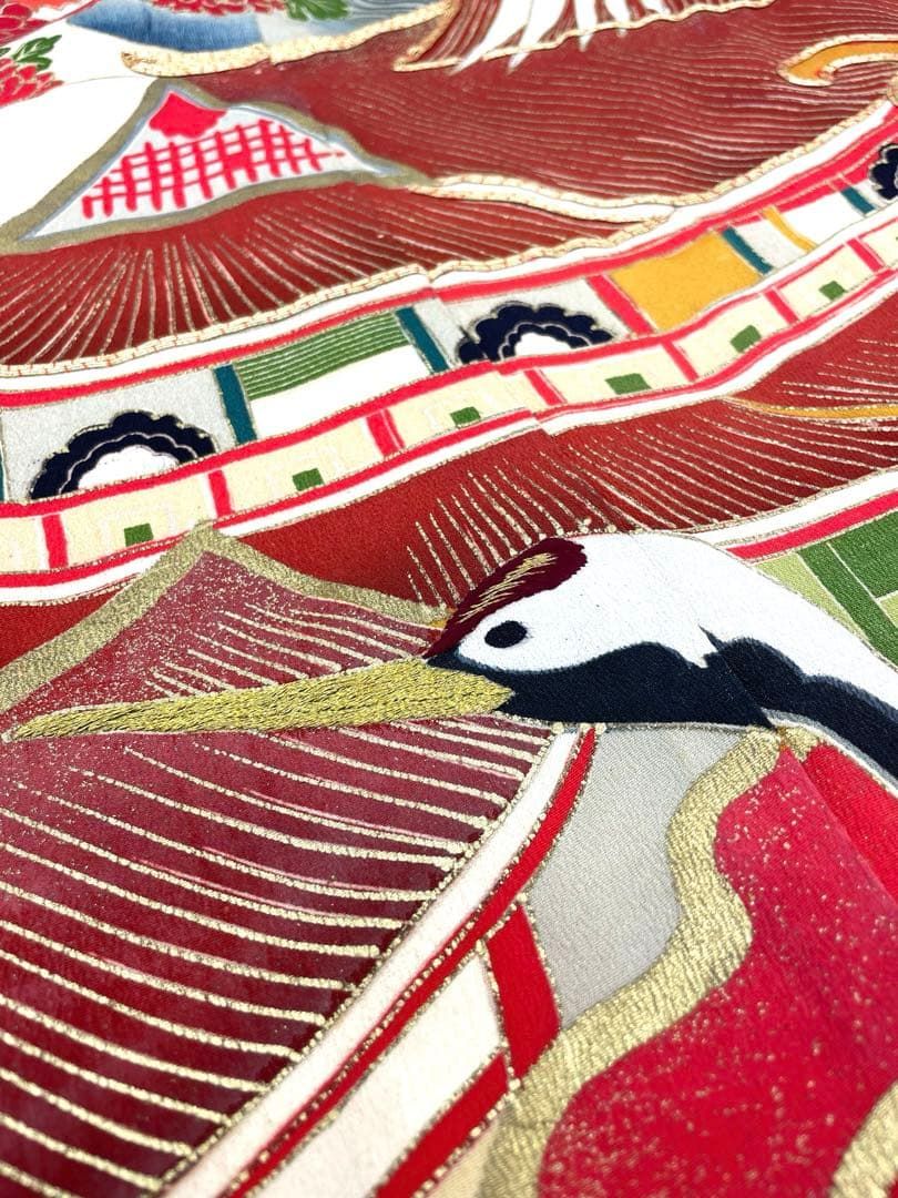 アンティーク 振袖 金駒 金彩 銀彩 鶴 正絹 紋付 身丈169cm AT019