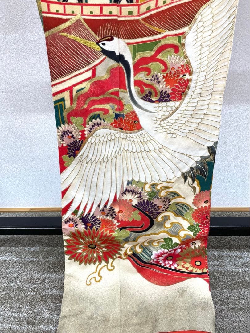 アンティーク 振袖 金駒 金彩 銀彩 鶴 正絹 紋付 身丈169cm AT019