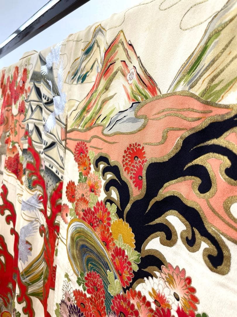 アンティーク 振袖 紋付 金駒 金彩 紅絹 鶴 振り布付 正絹 身丈168cm アンティーク 振袖 紋付 金駒 金彩 紅絹 鶴 振り布付 正絹 身丈168cm