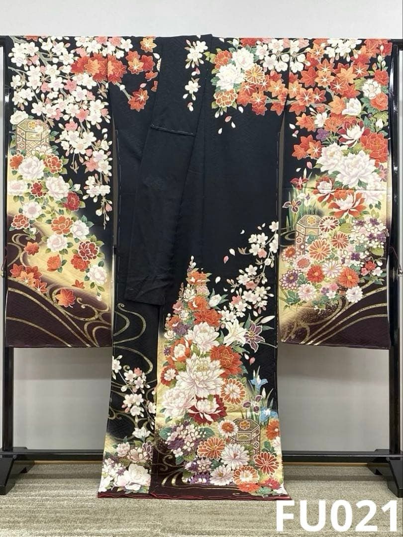 振袖 仮絵羽 京友禅 刺繍 金彩 紋意匠 正絹 未仕立て品 八掛付き FU021