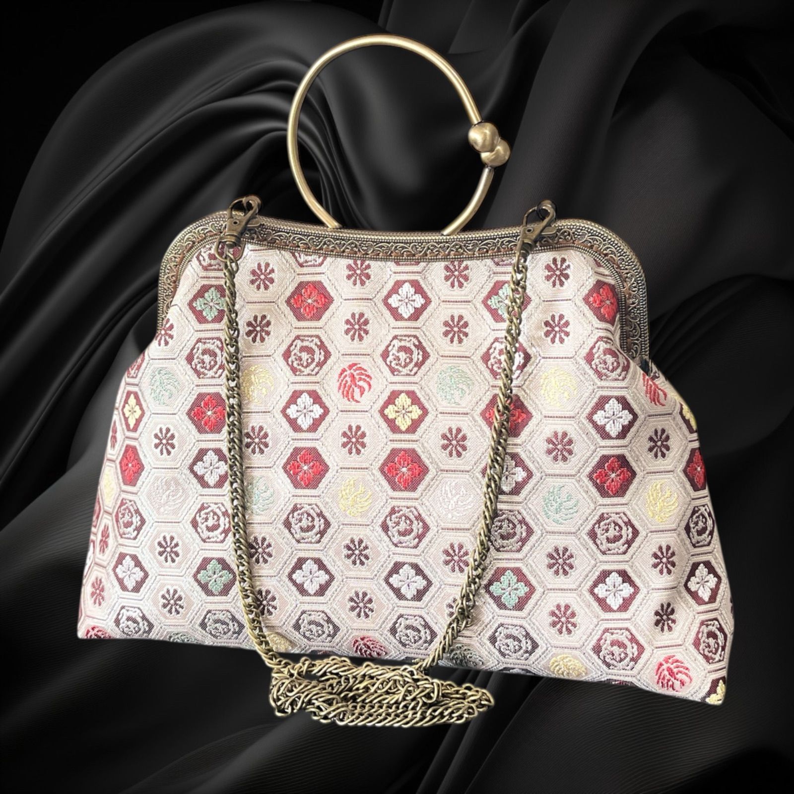 【No.638】着物リメイクバッグ、和風オリジナルバッグ、着物ショルダーバッグ