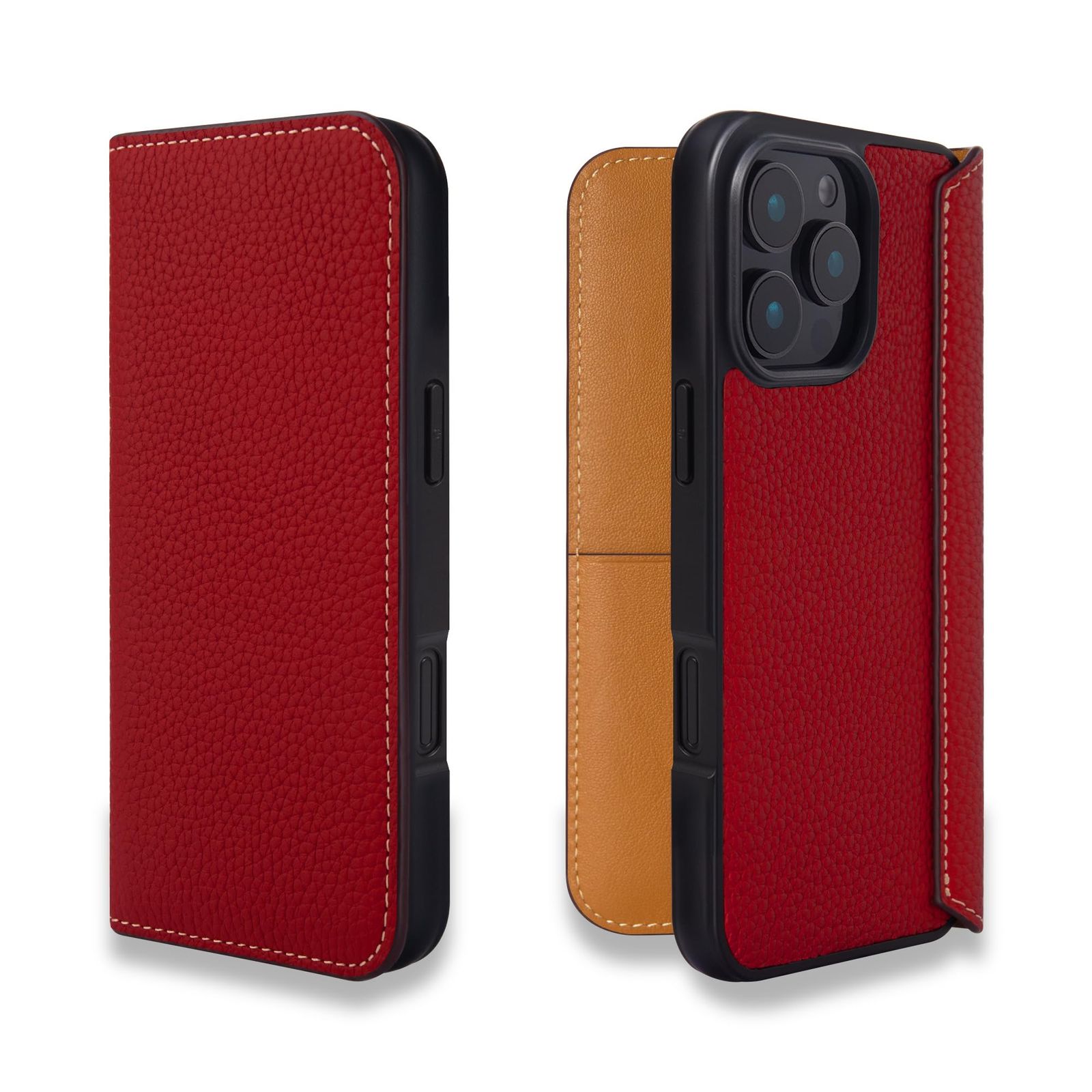 COGURE スマホケース iPhone 16 ProMax用 手帳型 ケース ダイアリーケース 本革 シュリンクカーフレザー カード入れ ABS TPU衝撃保護ケース 耐衝撃 磁石なし ギフトボックス付き COGPH レッド