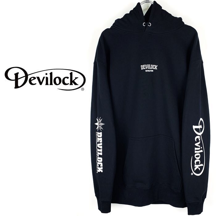 DEVILOCK デビロック REVOLUTION WITH BOTH LOGO HOODIE プルオーバーパーカー オーバーサイズ ビッグ 裏パイルスウェット 両袖プリント 黒 ブラック メンズ レディース パンクロック PUNKROCK バンド Rogia