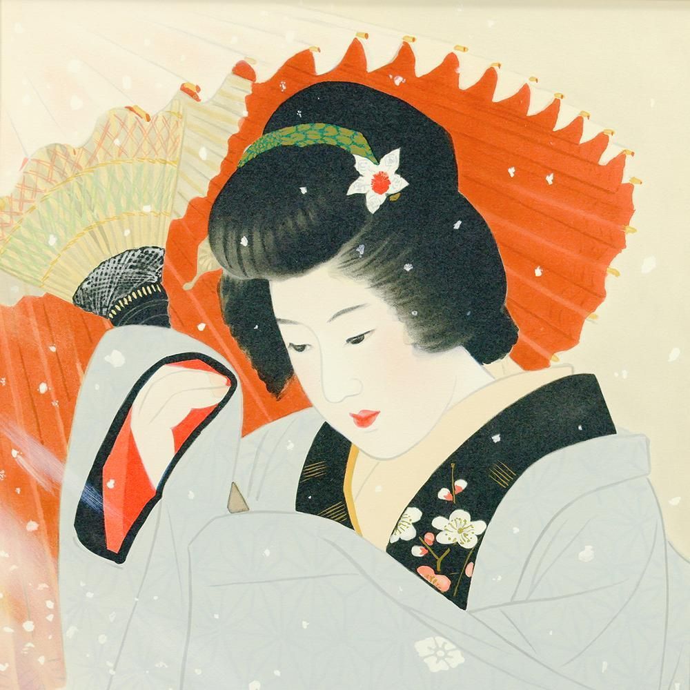 真作】【WISH】伊東深水「雪」リトグラフ 約8号 証明シール 〇美人画