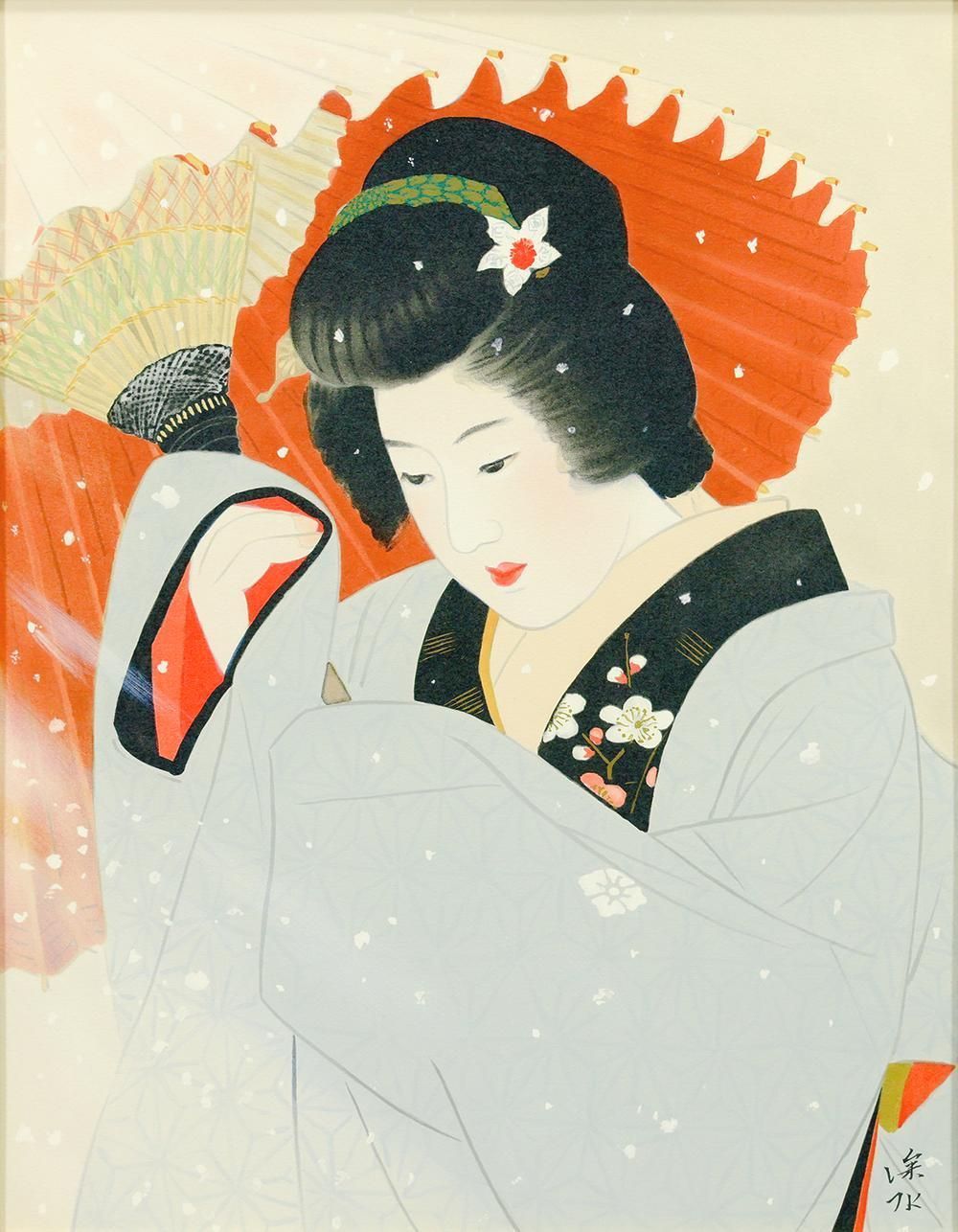 真作】【WISH】伊東深水「雪」リトグラフ 約8号 証明シール 〇美人画