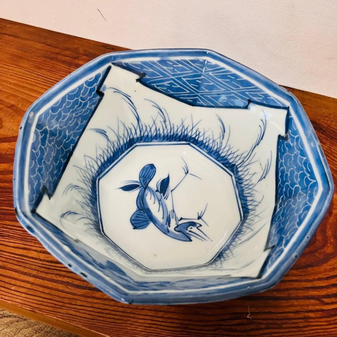 明治〜大正 染付六角鉢／手描き 水鳥図 角鉢 古伊万里風 和骨董