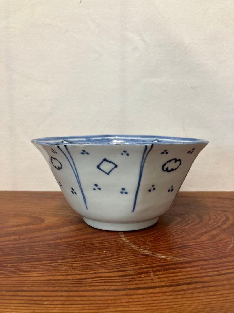 明治〜大正 染付六角鉢／手描き 水鳥図 角鉢 古伊万里風 和骨董