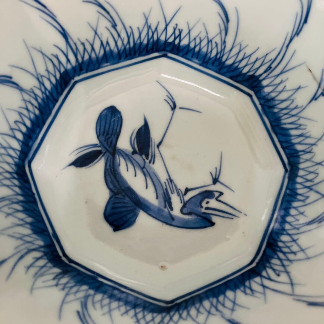 明治〜大正 染付六角鉢／手描き 水鳥図 角鉢 古伊万里風 和骨董