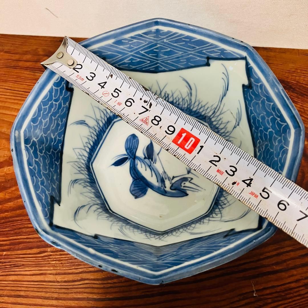 明治〜大正 染付六角鉢／手描き 水鳥図 角鉢 古伊万里風 和骨董