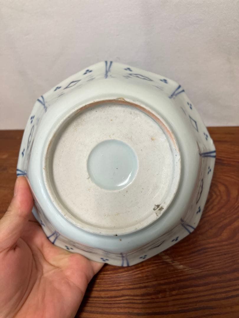 明治〜大正 染付六角鉢／手描き 水鳥図 角鉢 古伊万里風 和骨董