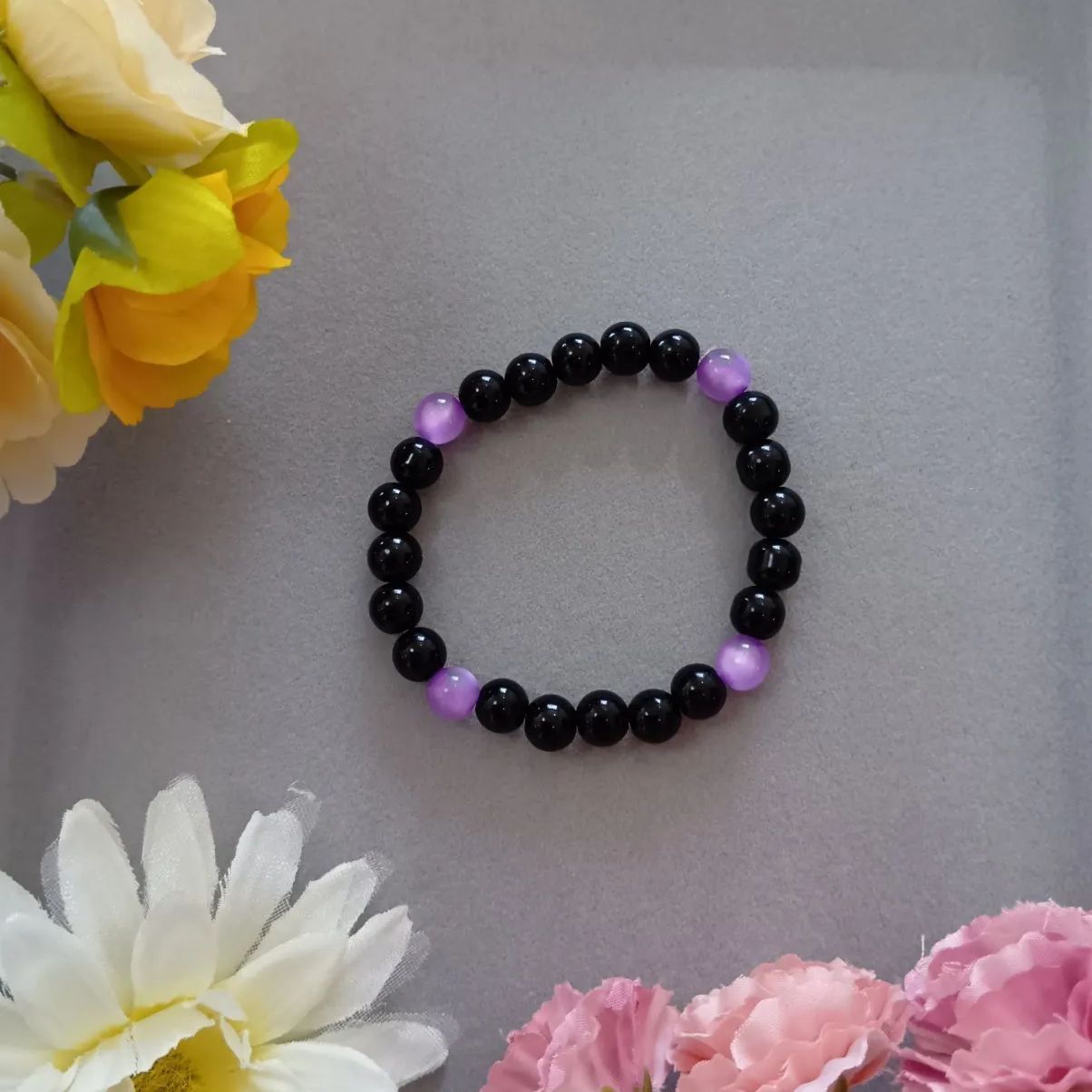 ブラック×パープル ビーズブレスレット（16cm）／ハンドメイド・シック