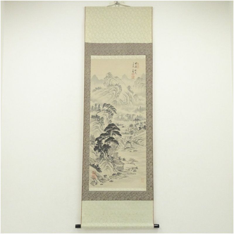 中国 陳文翰筆 水墨山水 肉筆絹本掛軸（紙箱） 掛け軸 床の間 書