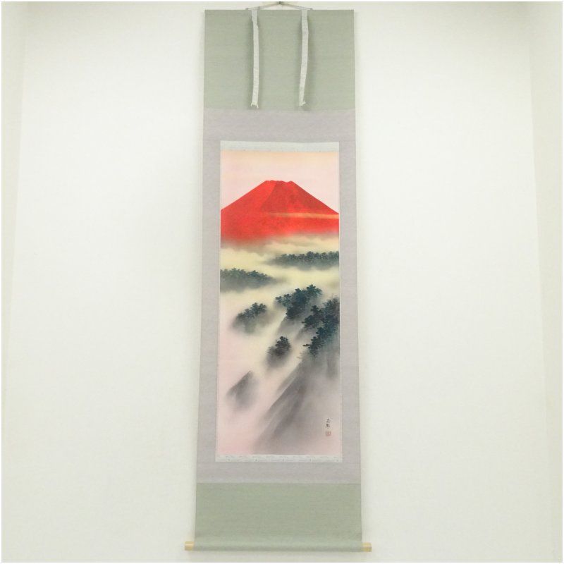 大森玉翠筆 赤富士 肉筆絹本掛軸（共箱） 掛け軸 床の間 書 おしゃれ